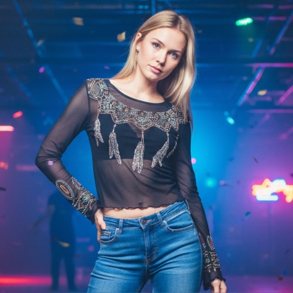 Vintage aheer tribal Print Mesh Top Size S